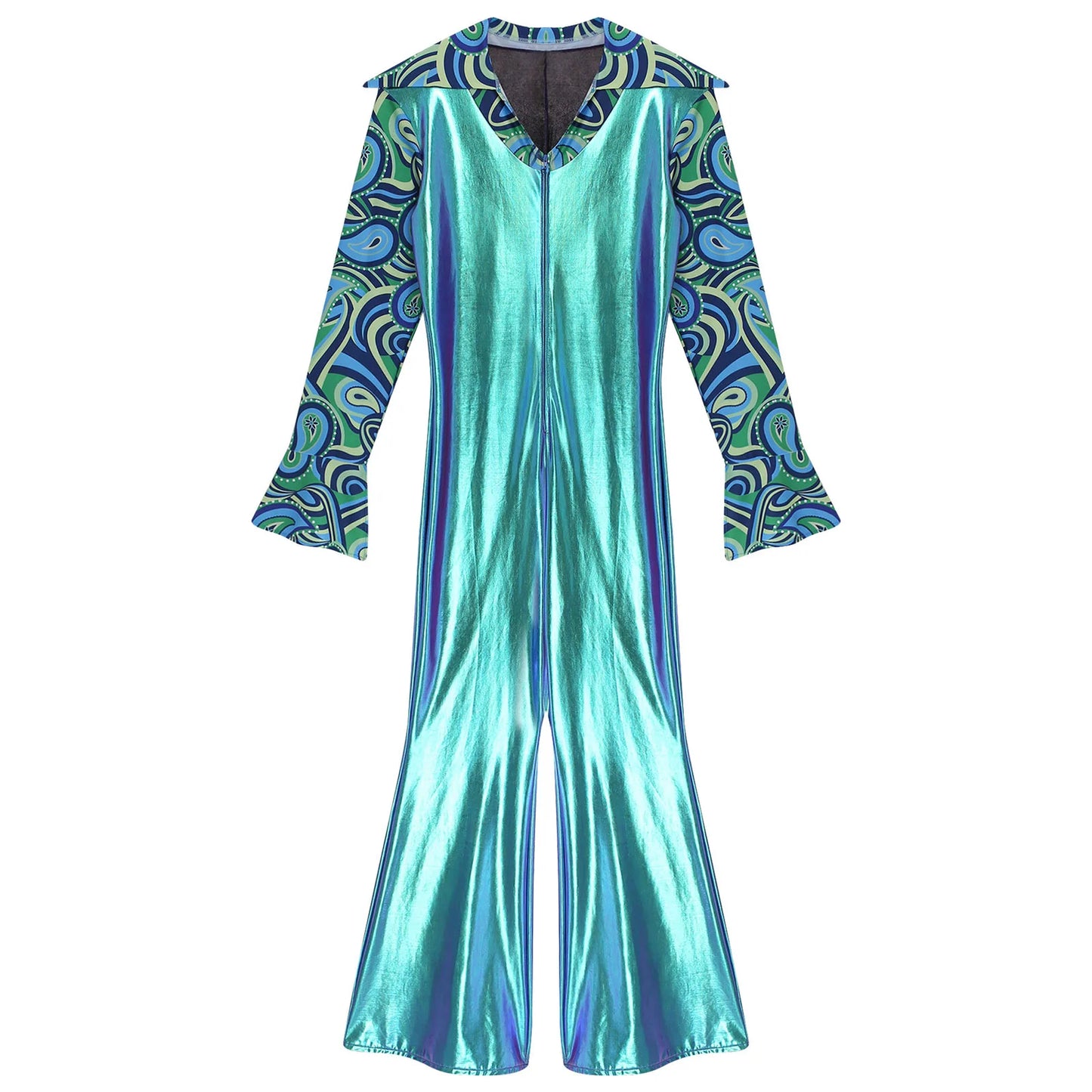 Men Hippie Costume Retro Disco Jazz Dance Jumpsuit Lapel V Neck Flare Sleeve Bell Bottom - Silver / S