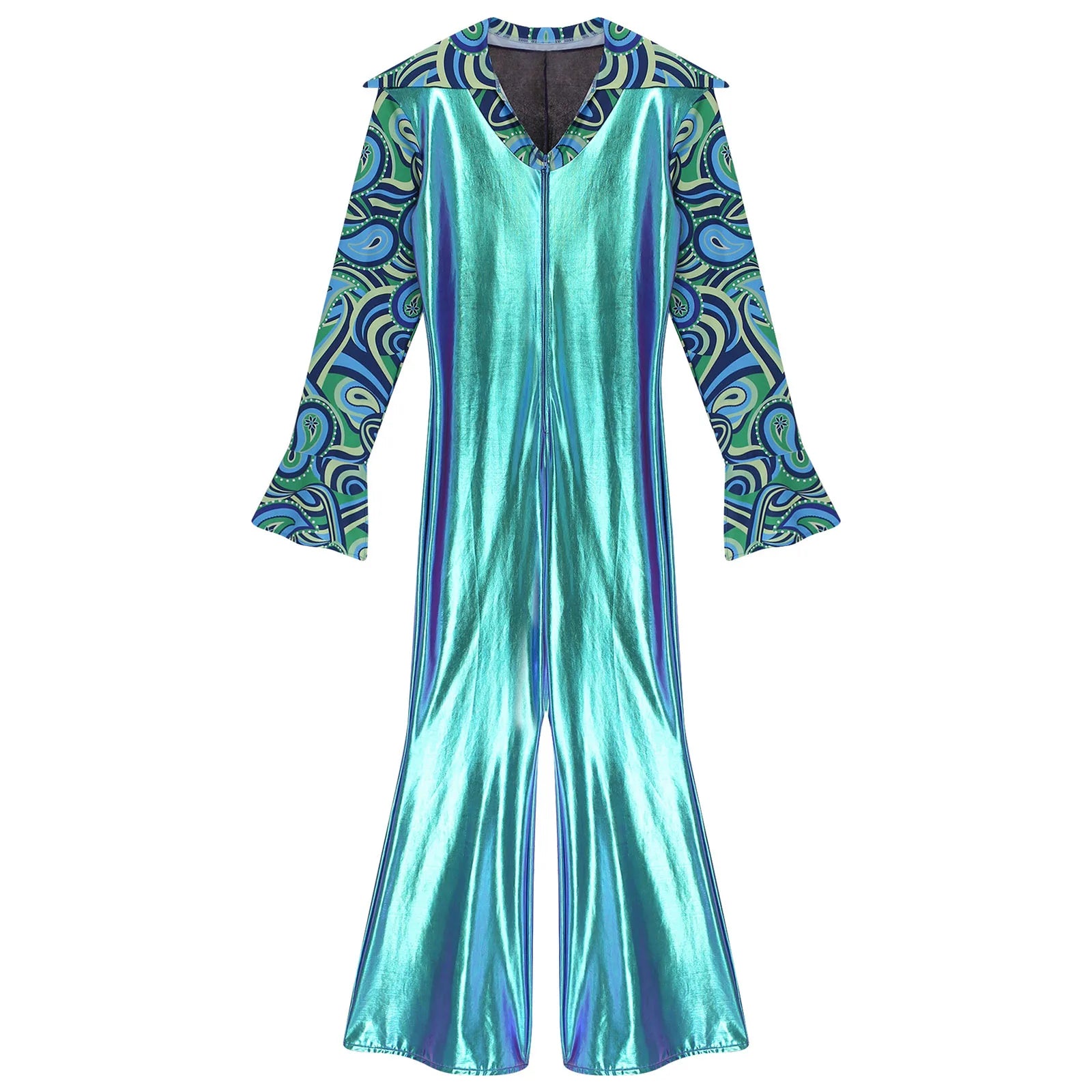 Men Hippie Costume Retro Disco Jazz Dance Jumpsuit Lapel V Neck Flare Sleeve Bell Bottom - Silver / S