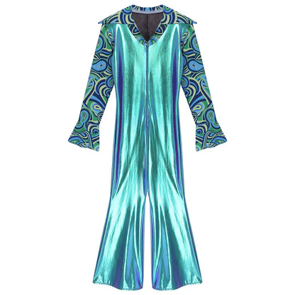 Men Hippie Costume Retro Disco Jazz Dance Jumpsuit Lapel V Neck Flare Sleeve Bell Bottom - Silver / S