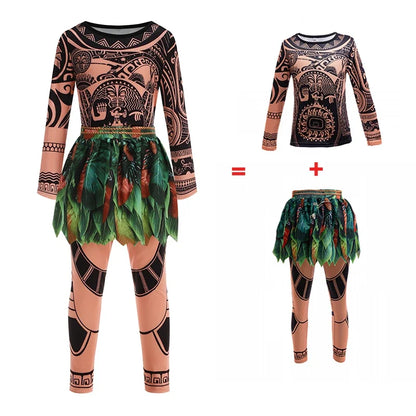 Moana Movie Cartoon characters Maui Kids Boys Costume Maui Tattoo Top+Pants 2Pcs Sets Birthday Children With Fish hook knife