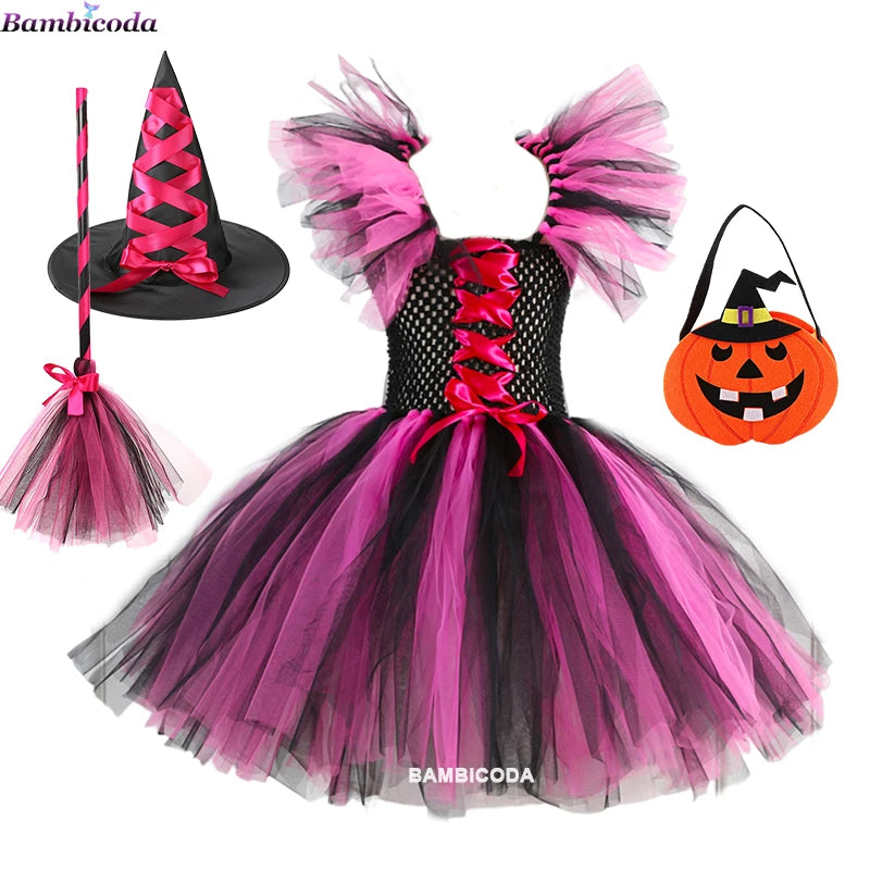 Kids' Witch Disguise Tutu Knee Hat Broom Pantyhose Halloween Costume - b2 / XL(8-9Y)