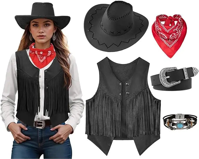 Women Men Cowgirl Costume Western Vest Hat Belt Bandana Set for Cowboy Tassels