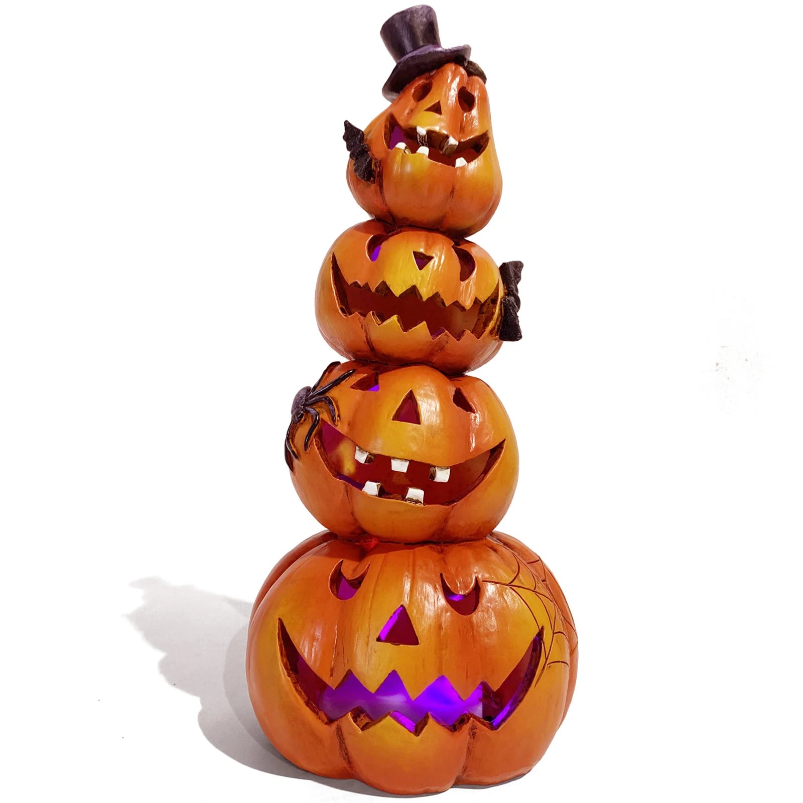 Hodao Resin Halloween Light-Up Stacked Pumpkin Figurine, 4-Tier Jack-O-Lantern Tower with Black Top Hat