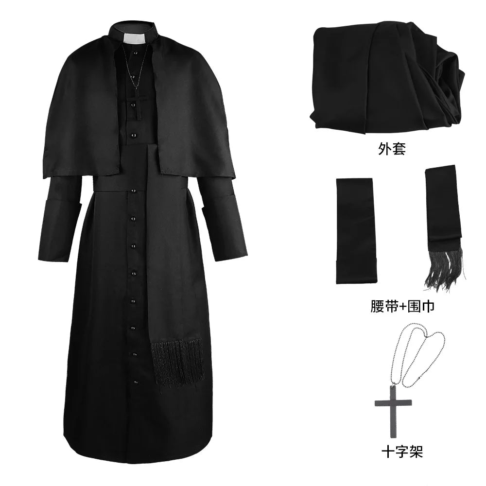 Medieval Solid Colour Godfather Priest Costume Halloween Priest Costume - Blue / XS（old）