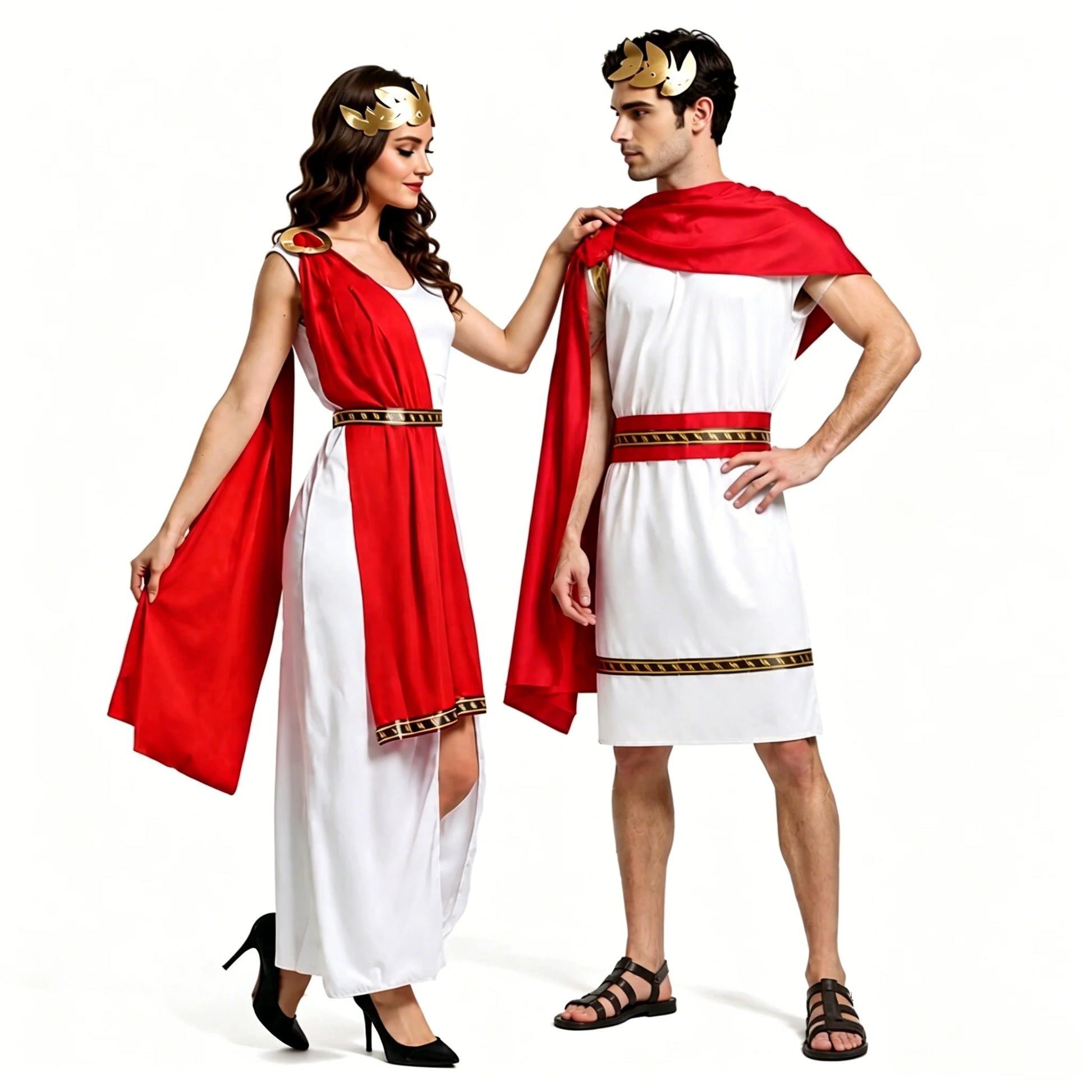 Roman Greek Costume Adult Men Women Couple Toga White Tunic Red Cape Gold Laurel Wreath - View 4