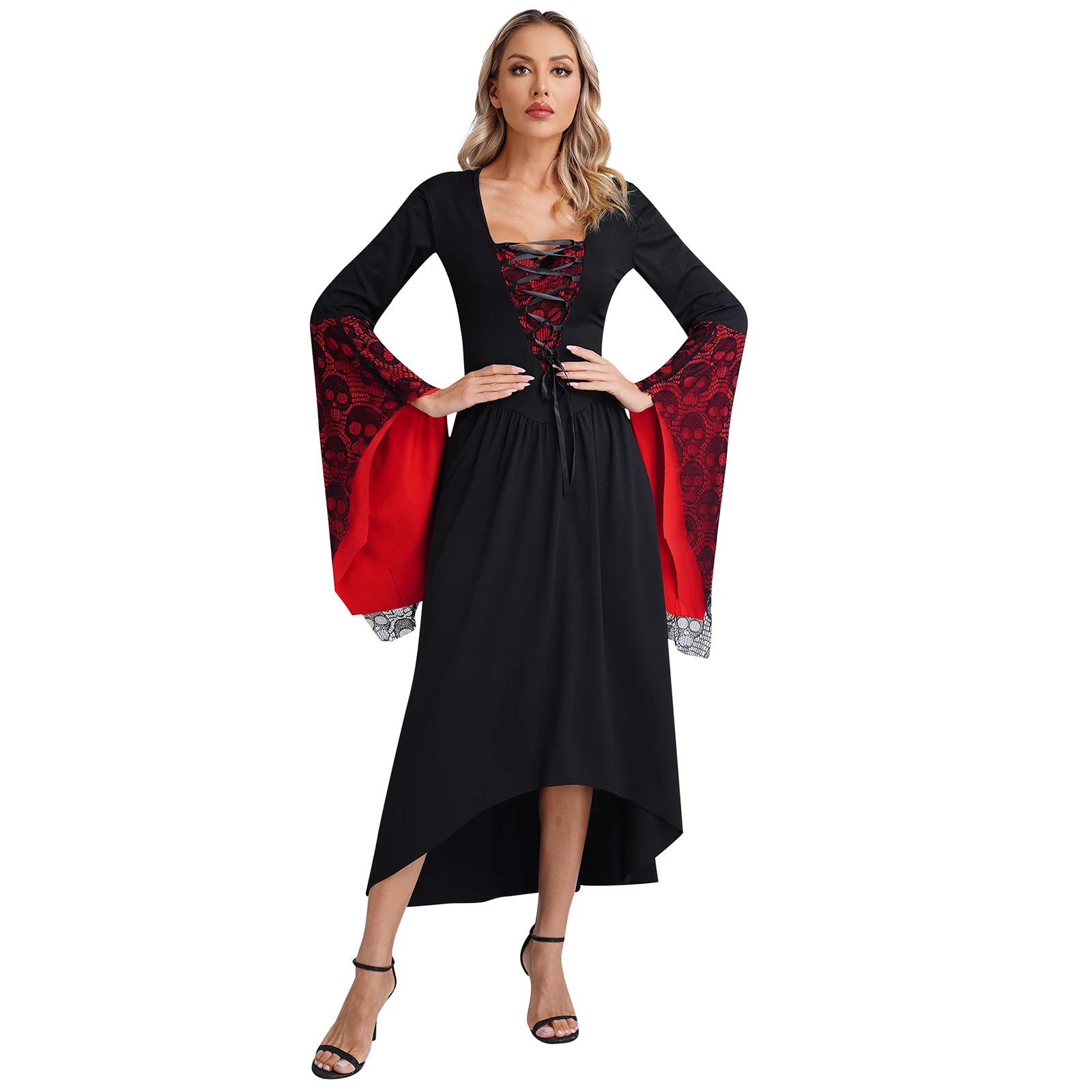 Womens Halloween Medieval Renaissance Cosplay Dress Flare Sleeve Skull Lace High-Low Hem Retro Witch Gothic - product image 3