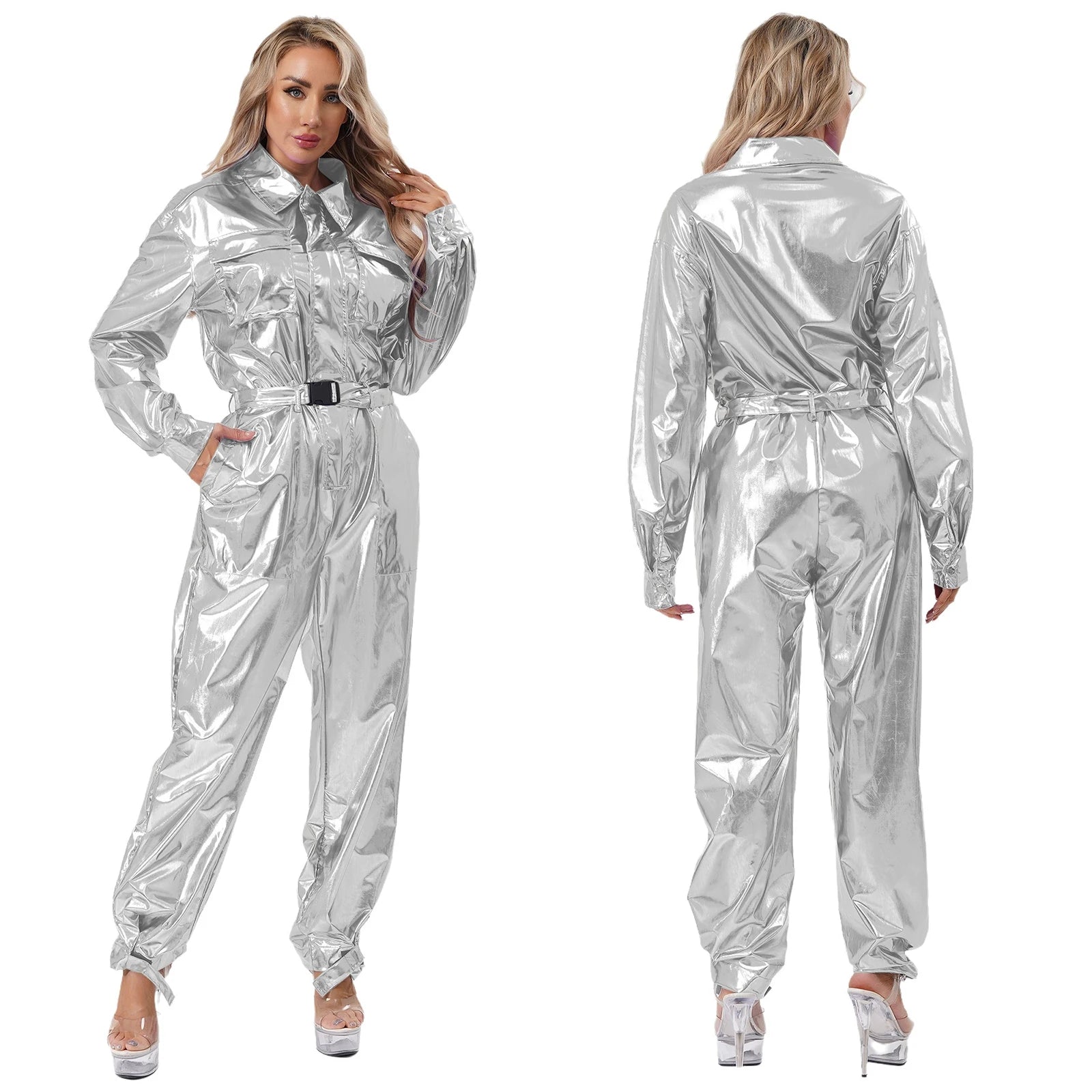 Women's Halloween Disco Astronaut Costume Holographic Shiny Metallic Overalls Bodysuit - Silver / S