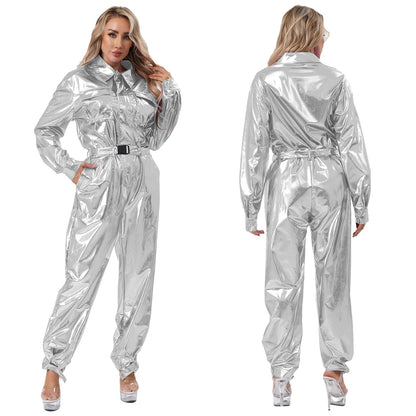 Women's Halloween Disco Astronaut Costume Holographic Shiny Metallic Overalls Bodysuit - Silver / S
