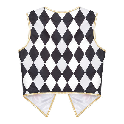 Unisex Halloween Circus Clown Ringmaster Sleeveless Vest Checkerboard Plaid Waistcoat - Red Black / 3XL