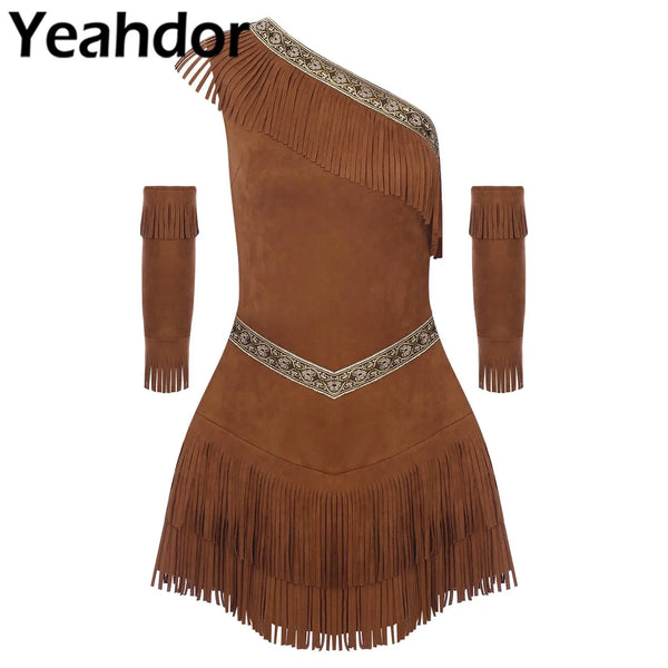 Women's Indian Native One Shoulder Sleeveless Fringe Tassel Sleeves Costume
