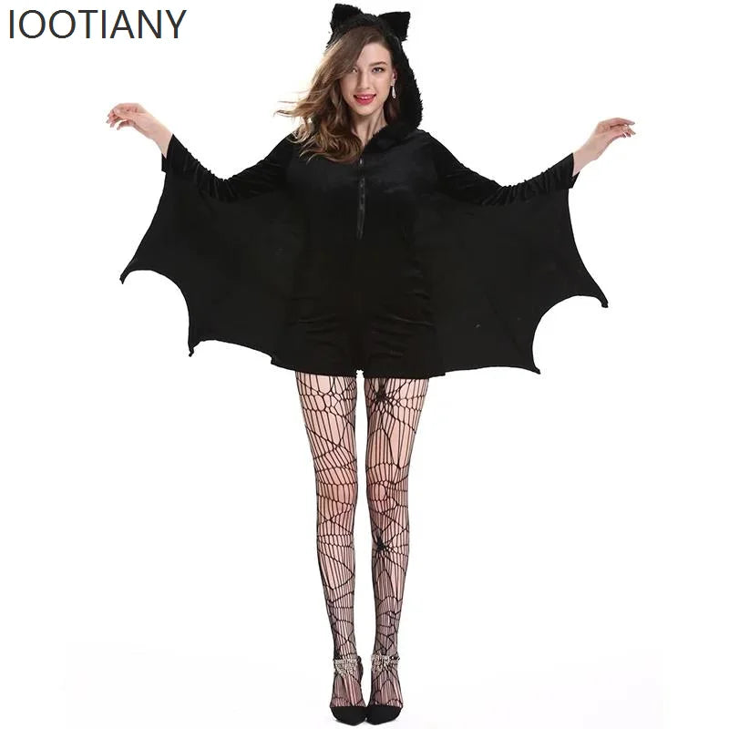 Halloween Devil Costume Evil Bat Skirt Gothic Women's Clown Bat Hooded Bodysuit Gothic - Black / XXXL
