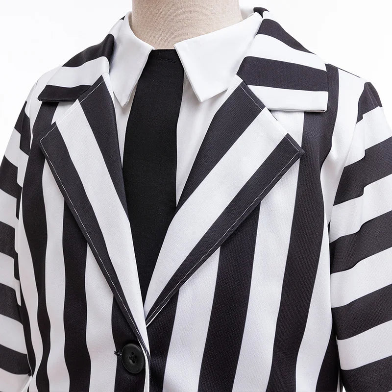 Dashing Suit Cosplay Costume Boys Girls Black and White Striped Coat+Pants Halloween Carnival Dress Up Party Costume Scary Ghost