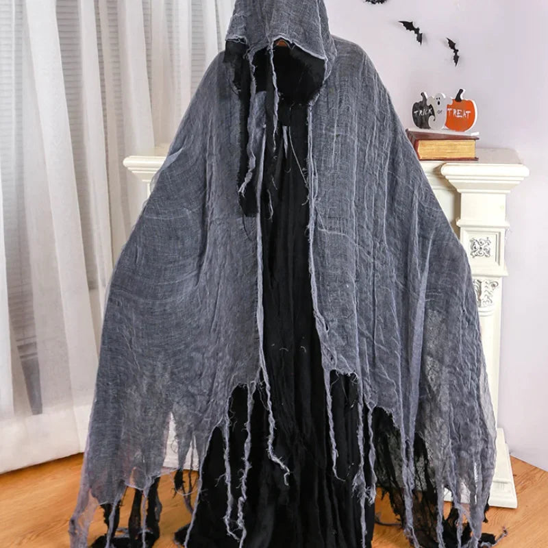 Scary Halloween Hooded Cloak Medieval Renaissance Wizard Cloak Horror Grim Reaper Costume - Gray Cape / One Size
