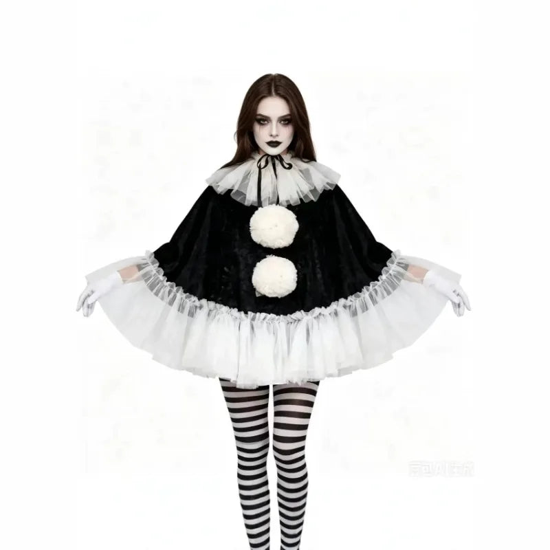 Women's Black & White Pierrot Clown Costume – Lace Cape Poncho