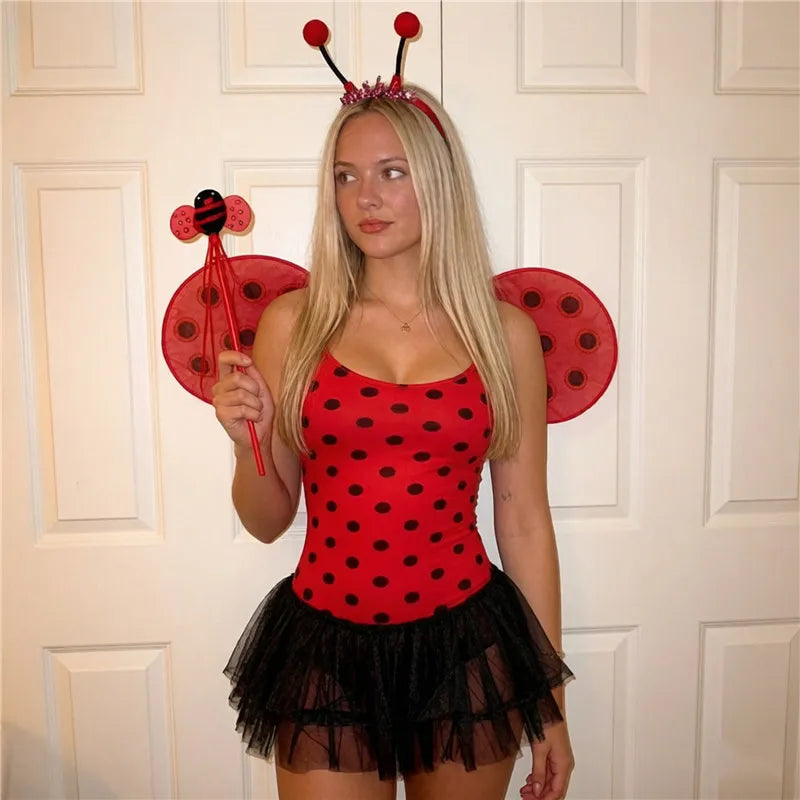 Ladybug Bee Costume Women Spaghetti Strap Mini Dress With Apron Cute Animal Print