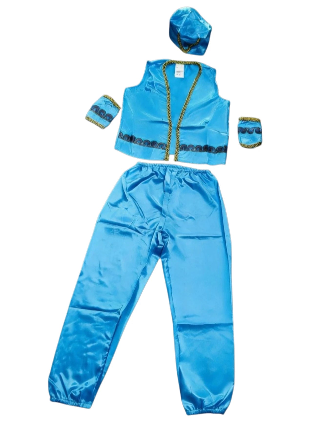Kids Light Blue Egyptian Pharaoh Costume Set Satin Vest Pants Turban & Wrist Cuffs