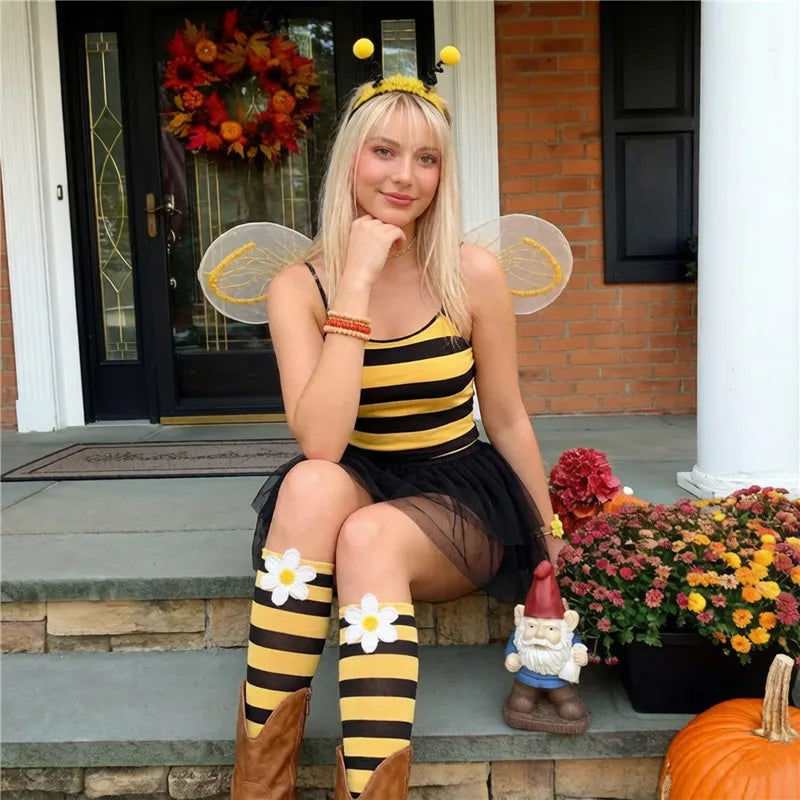 Ladybug Bee Costume Women Spaghetti Strap Mini Dress With Apron Cute Animal Print