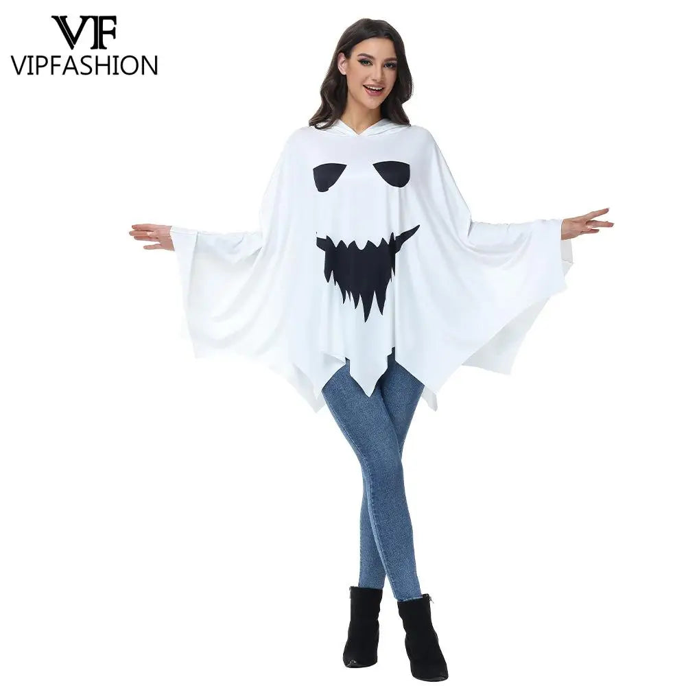 VIP FASHION Halloween Ghost Cloak Scary Cosplay Costume Horror Face Printed White Hood Cape Day of the Dead - product image 5