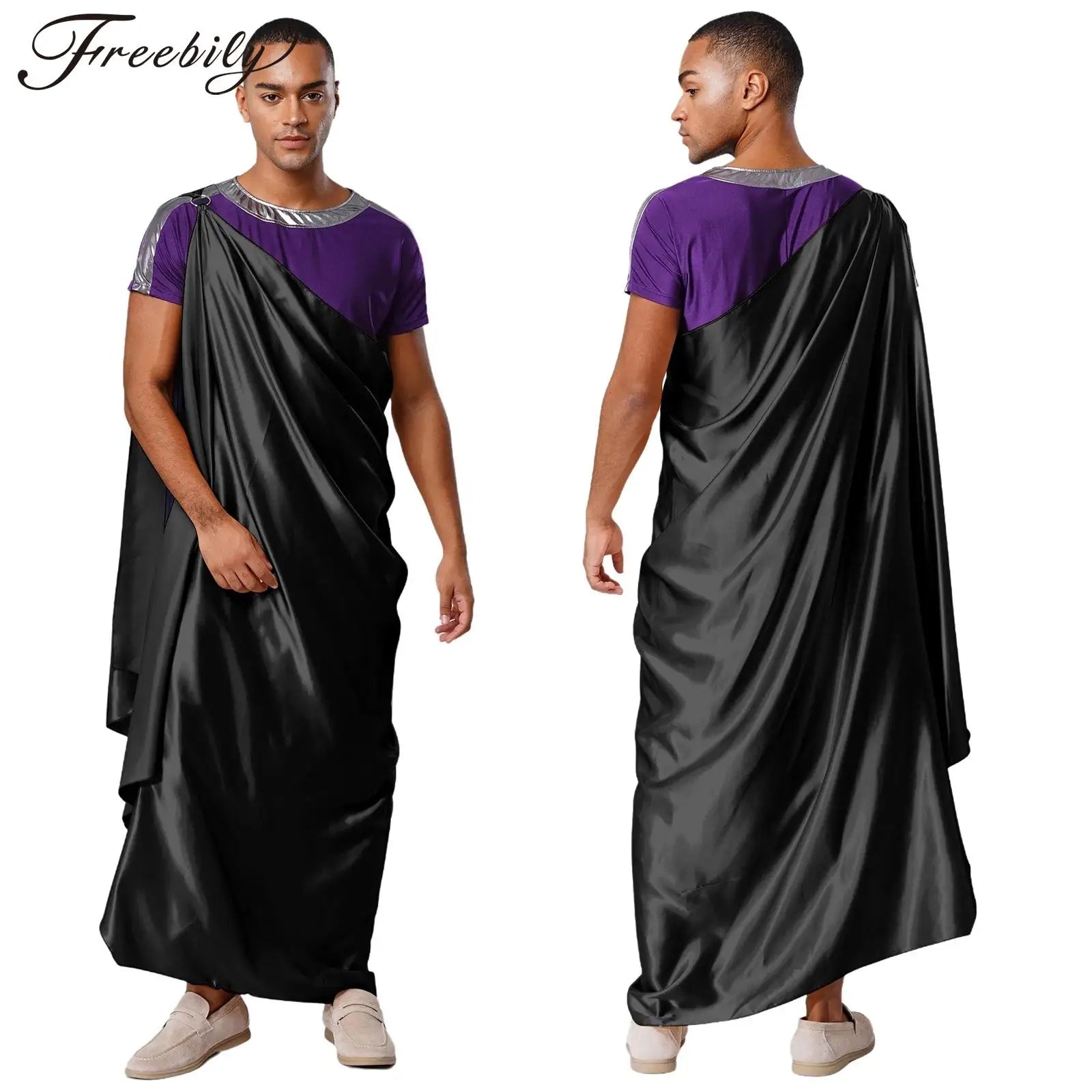Men Halloween Ancient Greek God Hades Costume Short Sleeve Robe with One Shoulder Satin