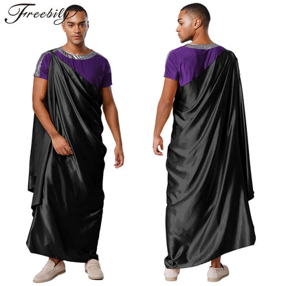 Men Halloween Ancient Greek God Hades Costume Short Sleeve Robe with One Shoulder Satin - Black Purple / XXL