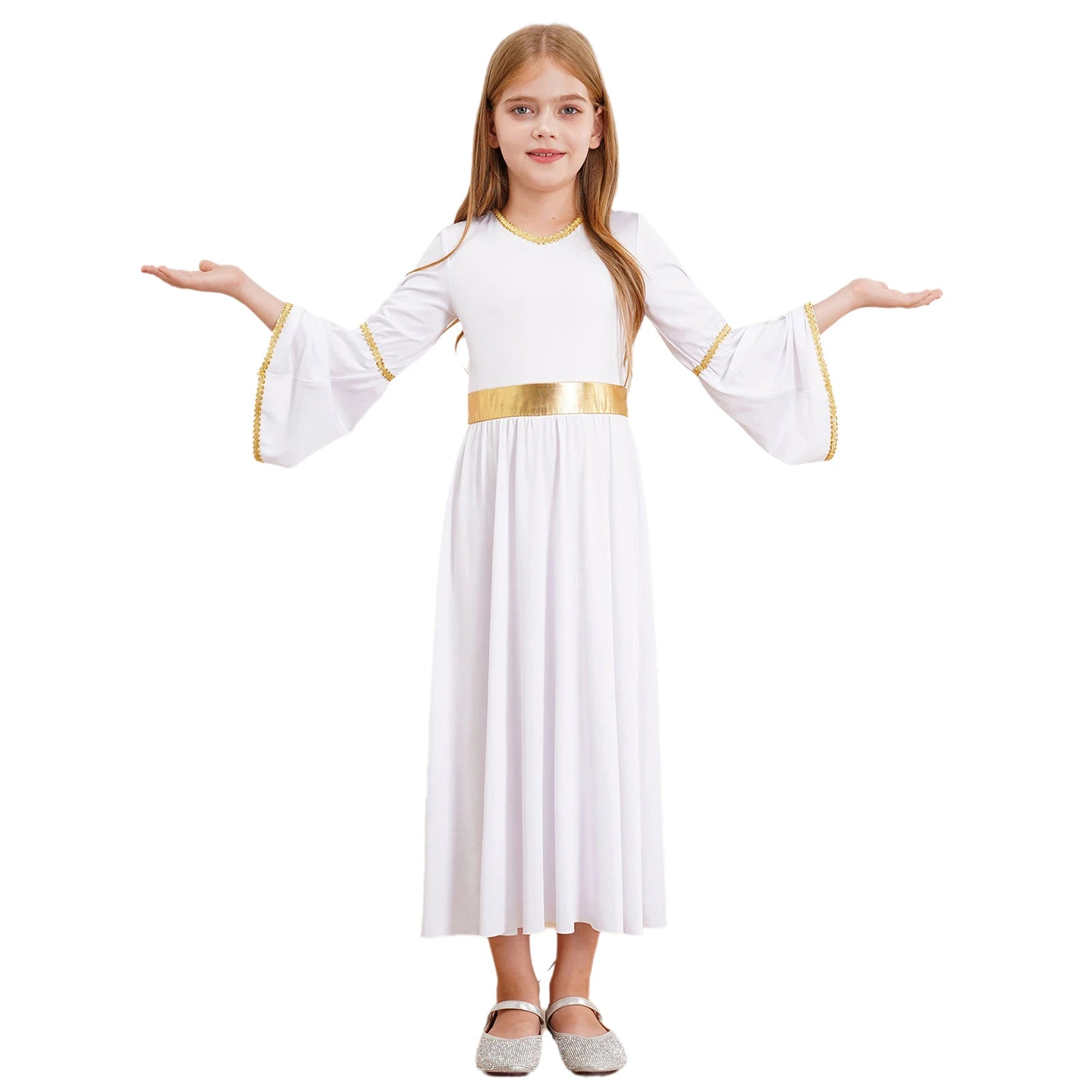 4Pcs Girls Angel Costume Outfits White Long Sleeve Dress with Feather Wings Hairband