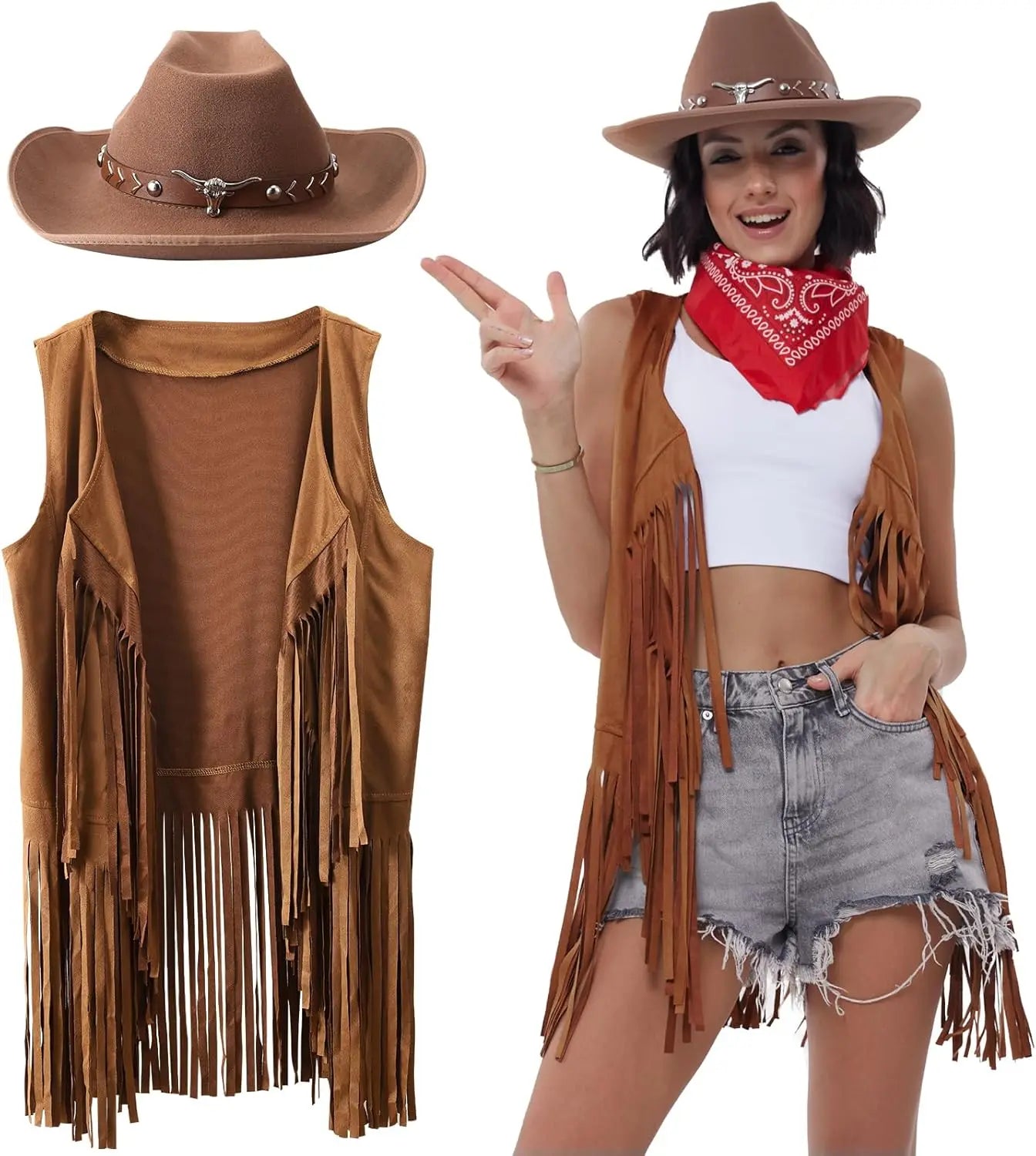3 Pcs Women Cowboy Cowgirl Costume Faux Suede Tassel Vest Waistcoat with Rivets