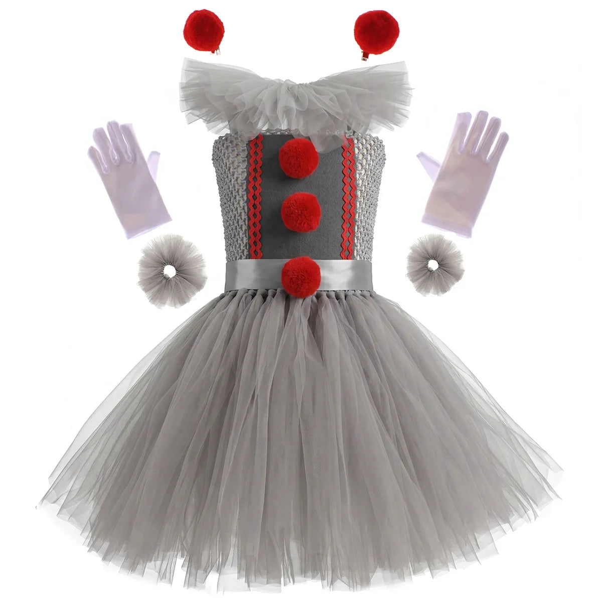 Weird Joker Grey Tutu Dress+Gloves+Hairpin+Bracelet Girls Costume Weirdo Creature Clown - Clown 02 / 6-7T(L)