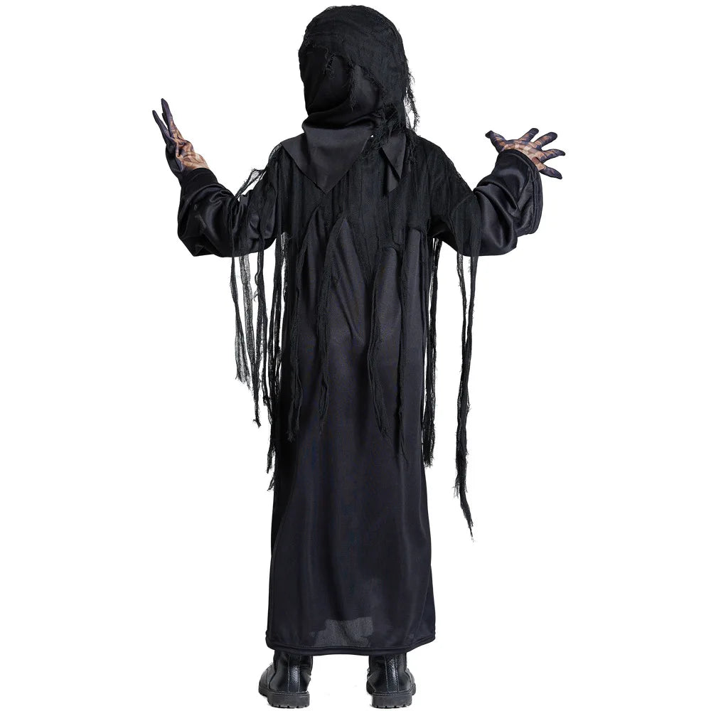 Kids Black Grim Reaper Costume – Hooded Robe, Headgear & Gloves