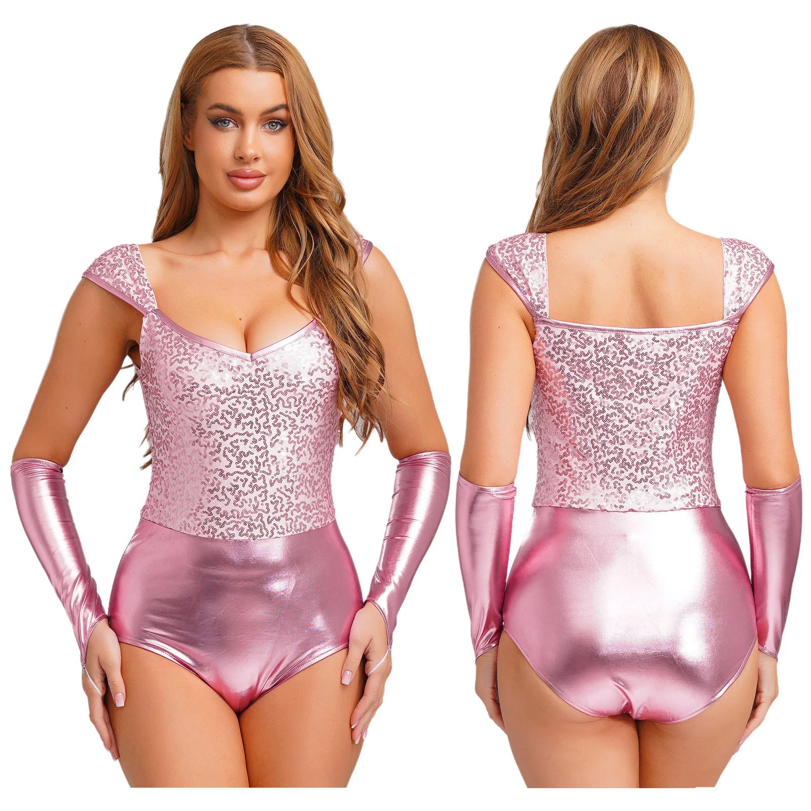 Adult Tin Glittery Sequin Metallic Shiny Bodysuit Removable Sleeves Dance Costume - alternate view 12