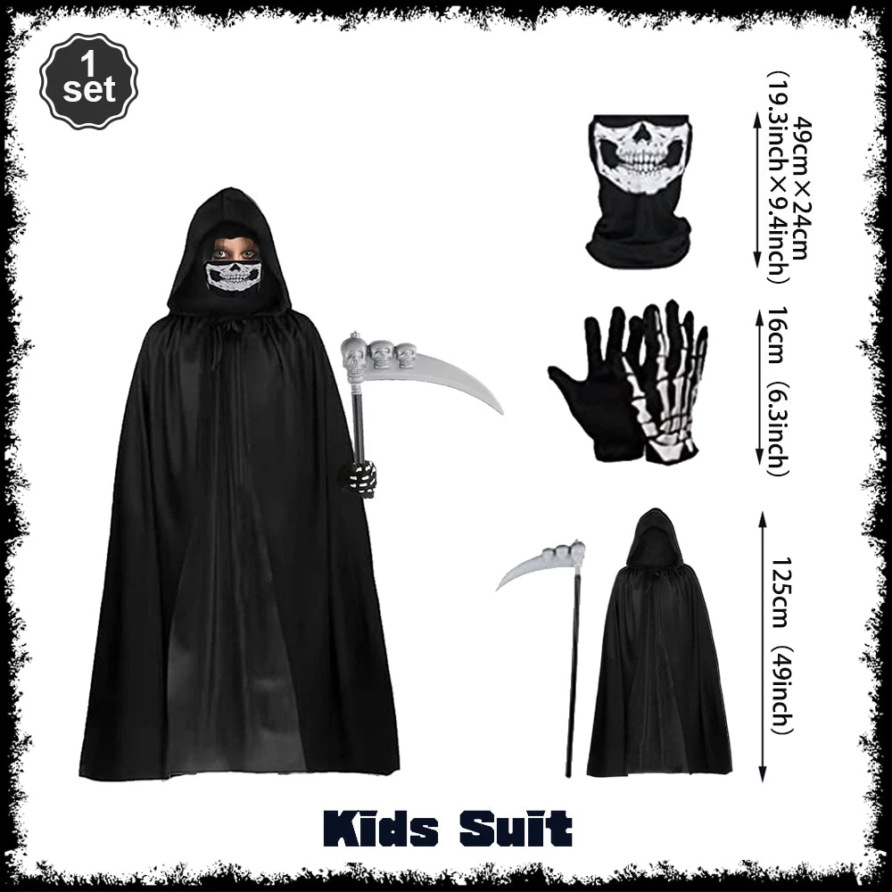 Scary Halloween Grim Reaper Costume Set Scythe Hooded Cape Skull Face Mask Gloves for Kids - S 1set 1