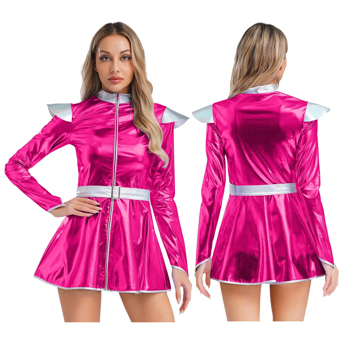 Women Halloween Alien Costume Long Sleeves Front Zip A-line Dress with Belt Shiny Metallic Outer Space Alien Costume
