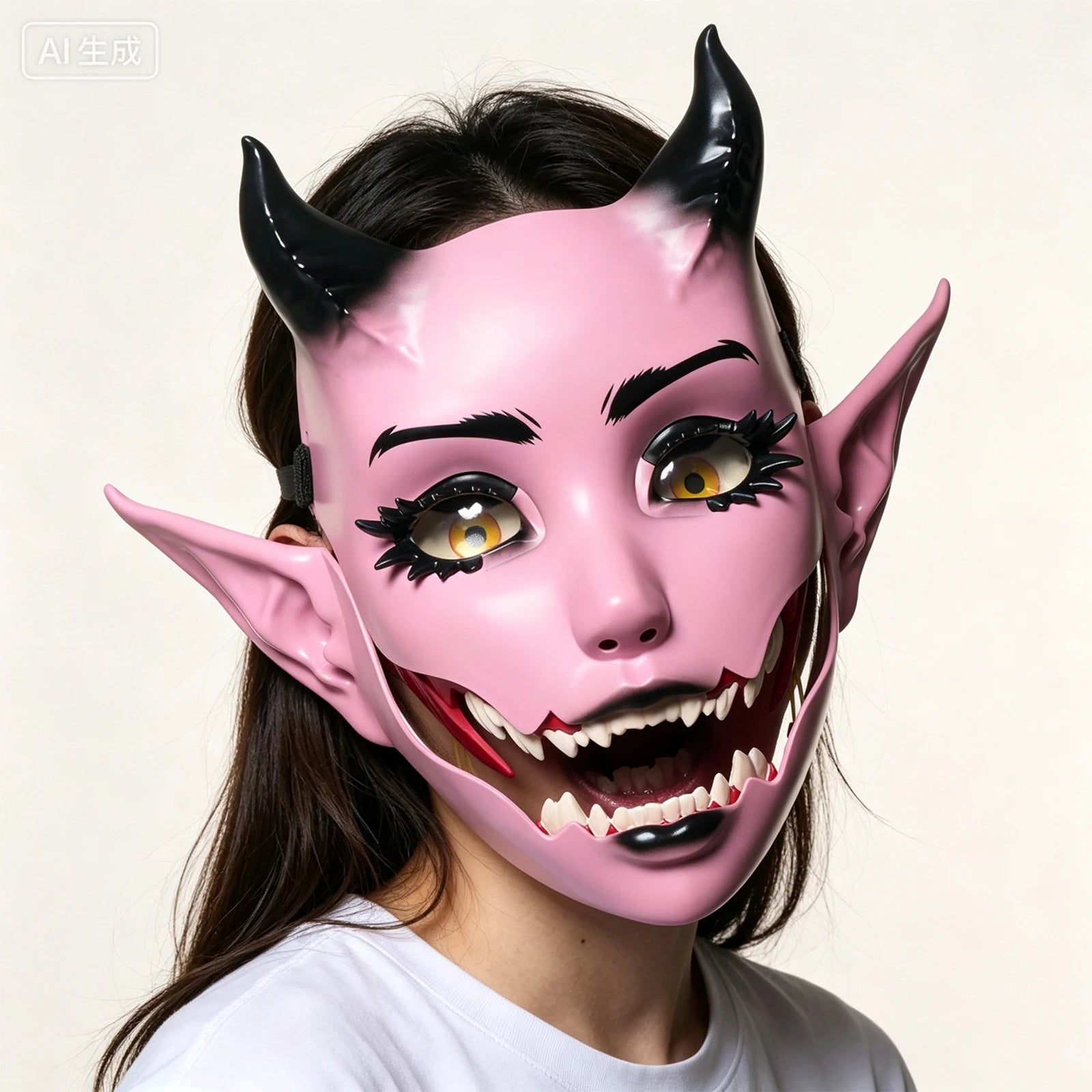 Halloween Pink Devil Mask Moving Jaw Demon Mask Costume Anime Horned Goblin Face Mask - View 3