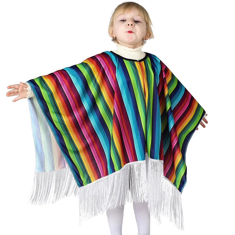 Kids Holiday Party Mexican Costume Cloak Ethnic Style Clothes Boys Girl Colorful Striped Cape Cosplay - product image 2