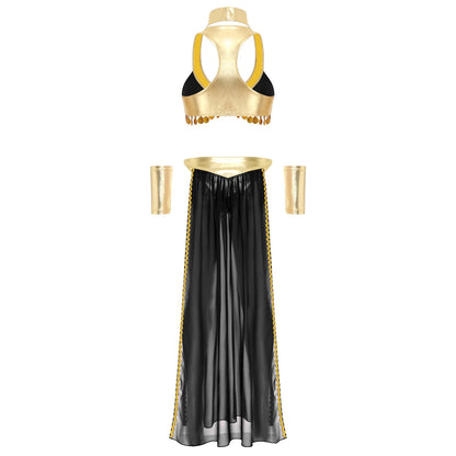 Women Halloween Cleopatra Ancient Egyptian Queen Sun Goddesses Cosplay Costume Crop Top with Skirt Belly Indian Dance Outfit