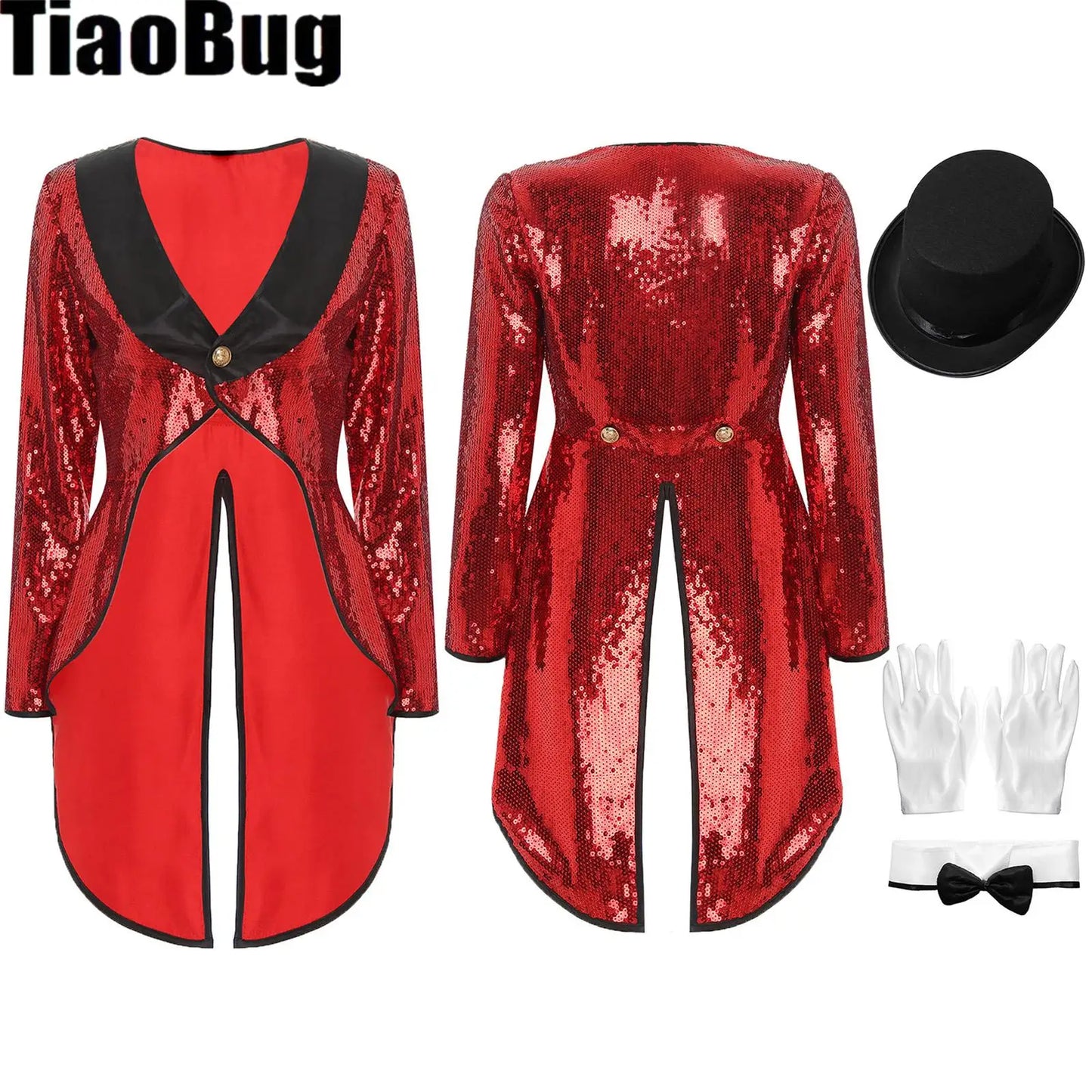 Women's Magician Costume Set Halloween Costume Sleeve One-Button Patchwork Sequin Tailcoat - Red / S