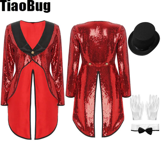 Women's Magician Costume Set Halloween Costume Sleeve One-Button Patchwork Sequin Tailcoat - Red / S