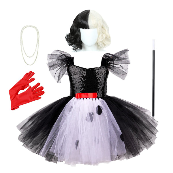 Kids Dress Halloween Costume Party Outfit Black White Tutu Dresses for Girls Halloween Clothes with Wig - product image 1