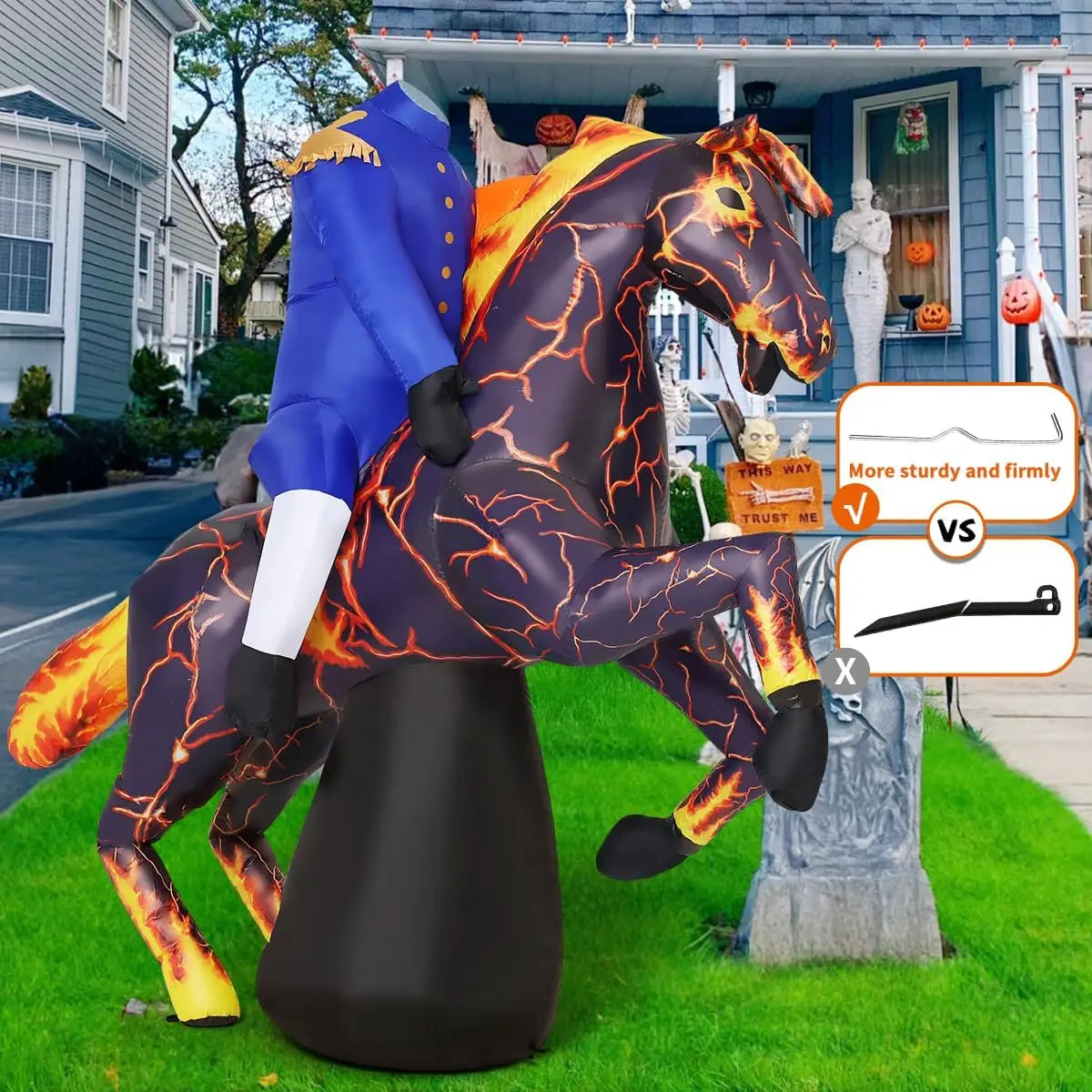 6FT Long Halloween Inflatables Headless Horseman Outdoor Decorations Blow Up Lightning Horse Yard with Built-in LEDs for I