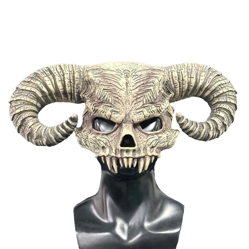 Realistic Satan's Bull Horn Latex Mask Horror Ox Horn Demon Hood MasqueradeHalloween