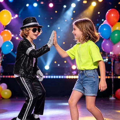Kids 80s 90s Pop Star Dance Costume Set – Shiny Metallic Sequin MJ Style Role Play Outfit for Boys Girls Stage Party Halloween