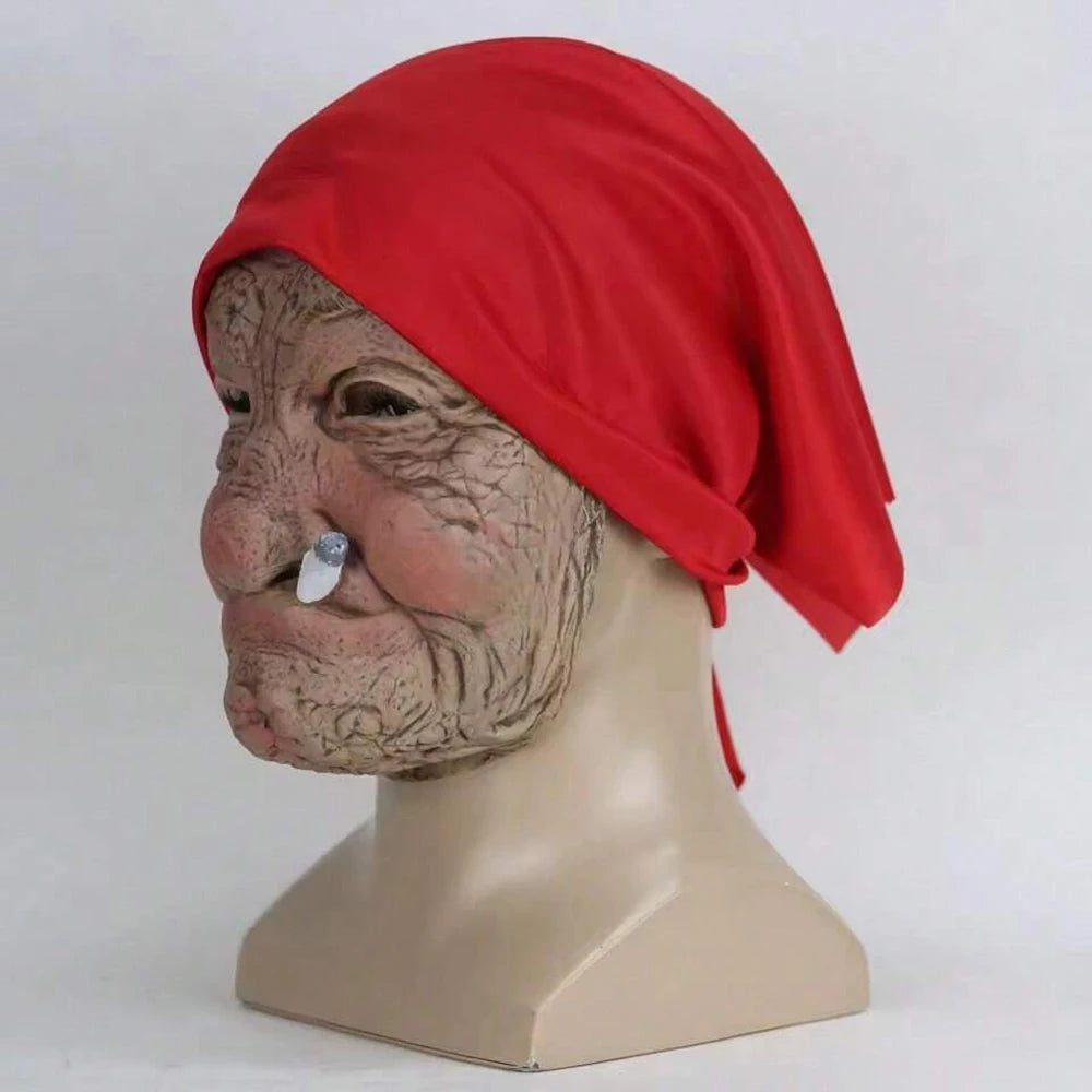 Halloween Horror Old Witch Mask with Hat Costume Scary Clown Hag Latex Masks Green Face - White beard