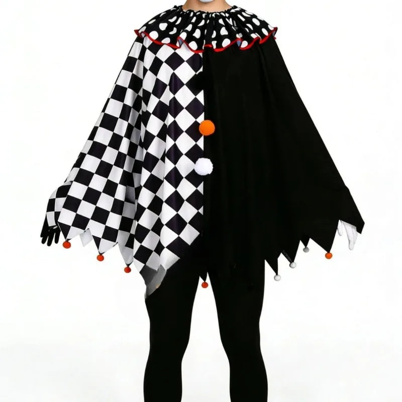 Black & White Pierrot Clown Costume – Ruffled Cape & Accessories