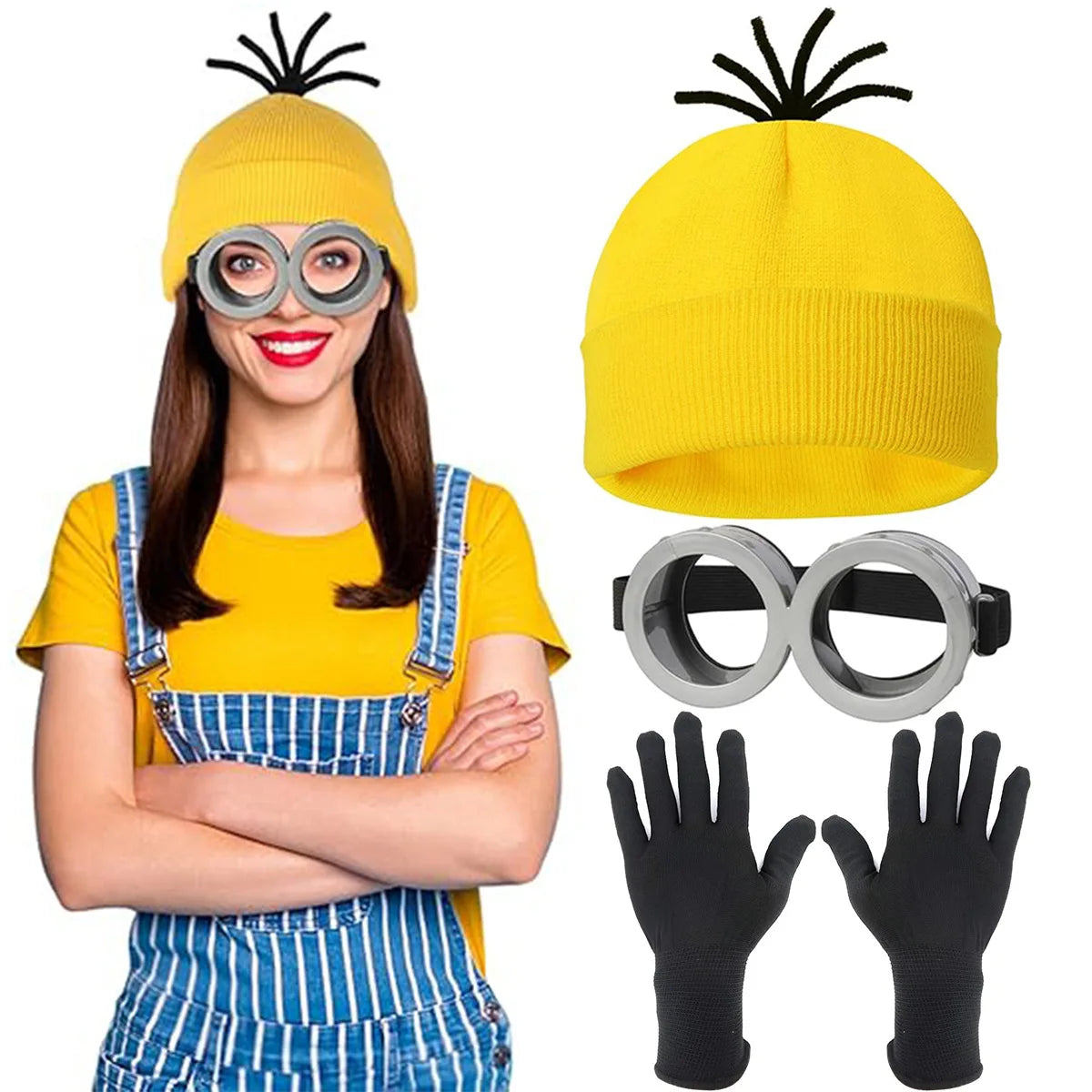 Halloween Yellow Goggle Henchmen Knitted Hat Gloves Eyewear Mesh Skirt Shoulder Strap Set Adult - product image 6