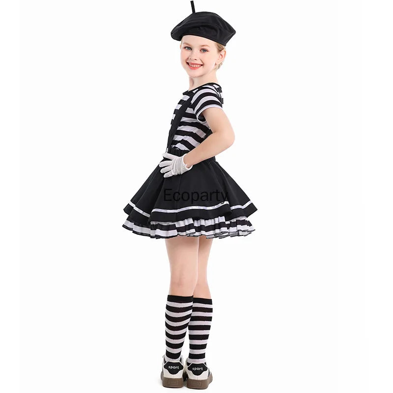Girls Silent Actor Mime Artist Costume Black White Clown Costume Dress for Kids Kids - Black / XL