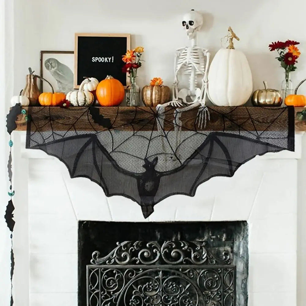 Halloween Bat Table Runner Lace Web Skeleton Skull Tablecloth Black Fireplace - product image 2