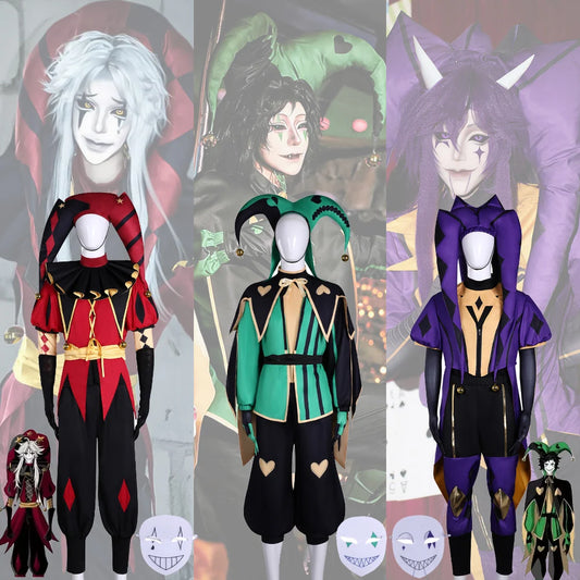 Hot the Freak Circus Pierrot Jester Harlequin Costume Adult Clown Top Pant Wigs Joker - Green 9 Pcs / XL