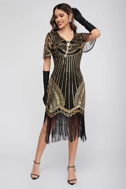 Vintage 1920s Gatsby Flapper Dress Black Gold Peacock Sequins Fringe Sleeveless Art Deco Party Peacock Beaded Sequin Fringe