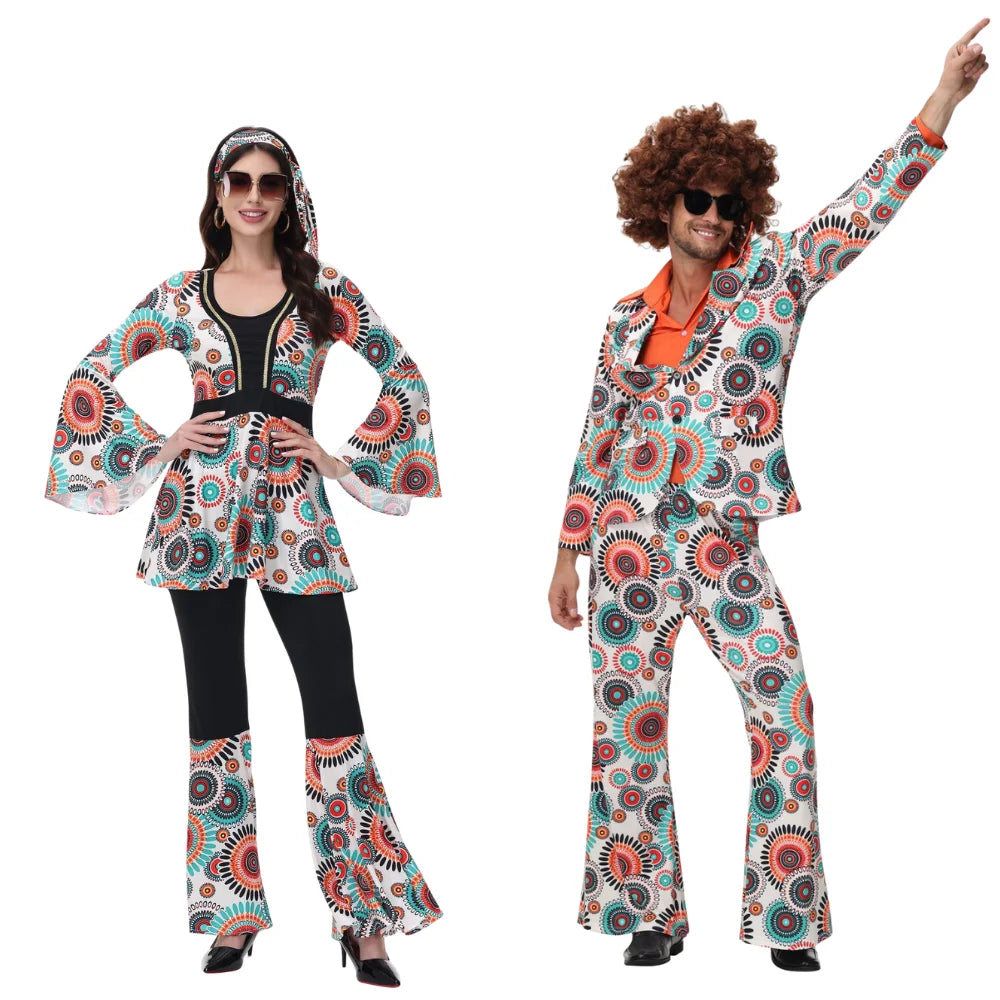 Retro 70s 80s Hippie Costume for Men Women Disco Couples Hippie Costume Dress Up Adult - women / XL