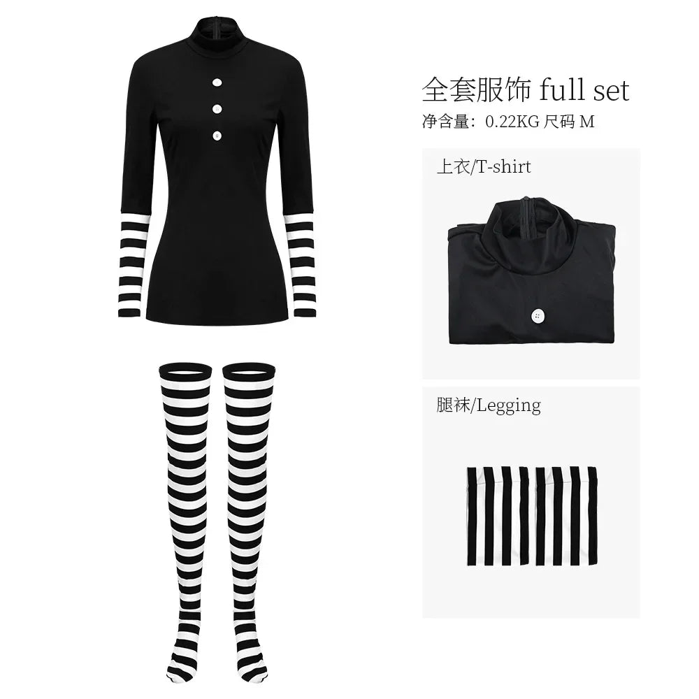 FNAF Puppet-Inspired Clown Costume – Striped Dress & Leggings