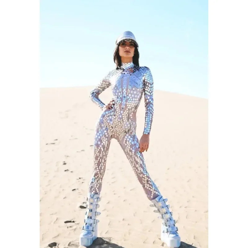 Halloween Costume Shiny Sexy Lace Sequins Pattern 3D Printed Slim Bodysuit Theme Jumpsuit for Women